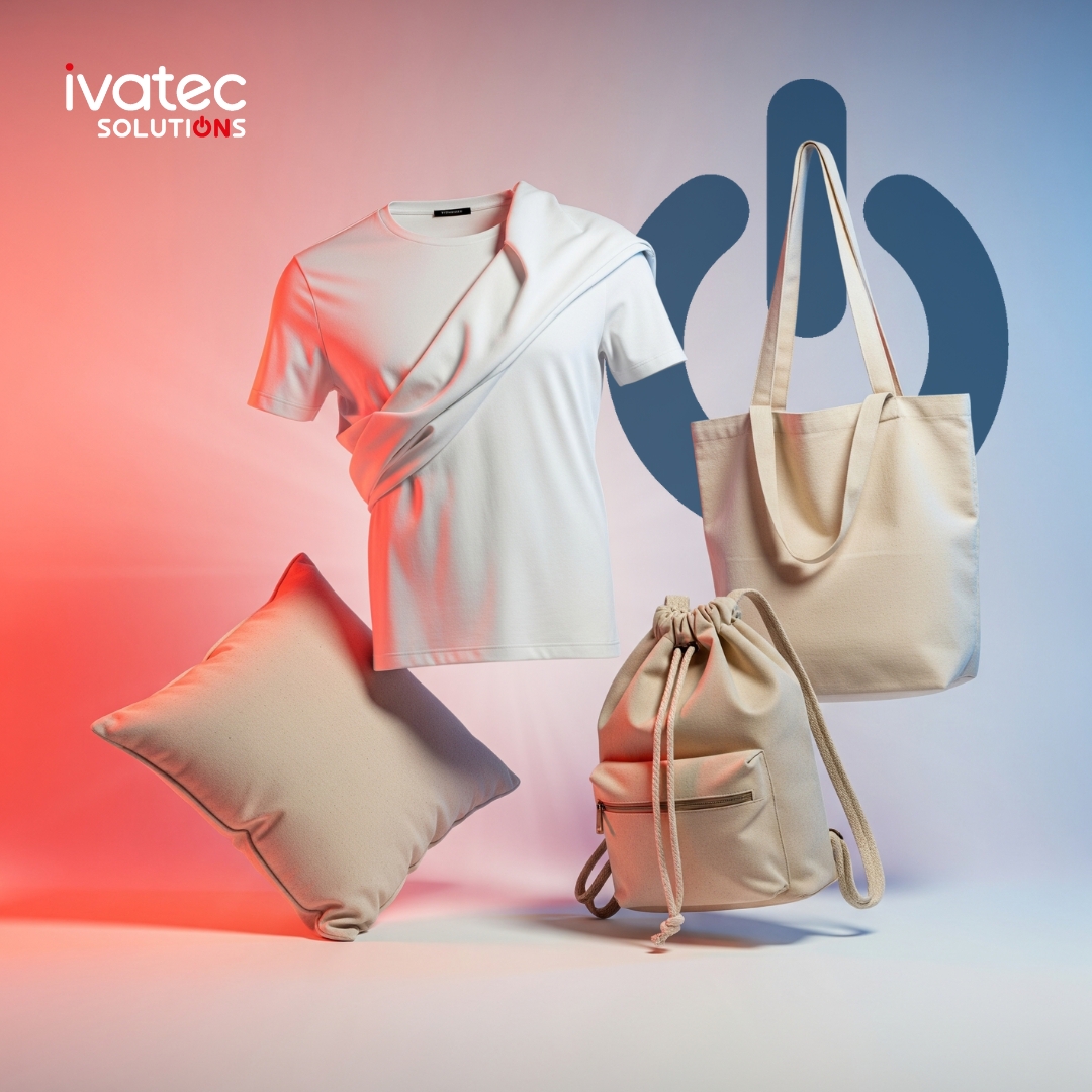 Bílá trička, tašky, batoh a polštářek připravené pro přímý potisk na tiskárně Ricoh Ri 100